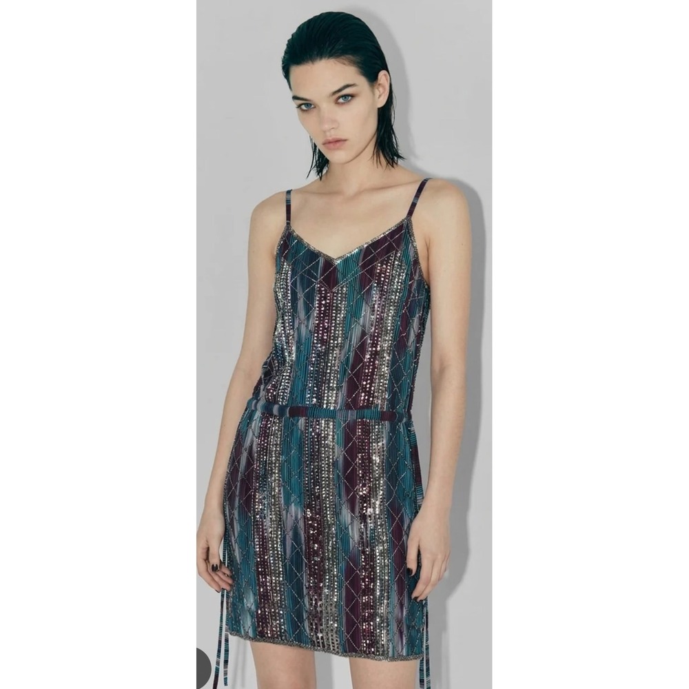AS by DF Silk Beaded Sequin Mini Dress Teal Purple Geometric Size M